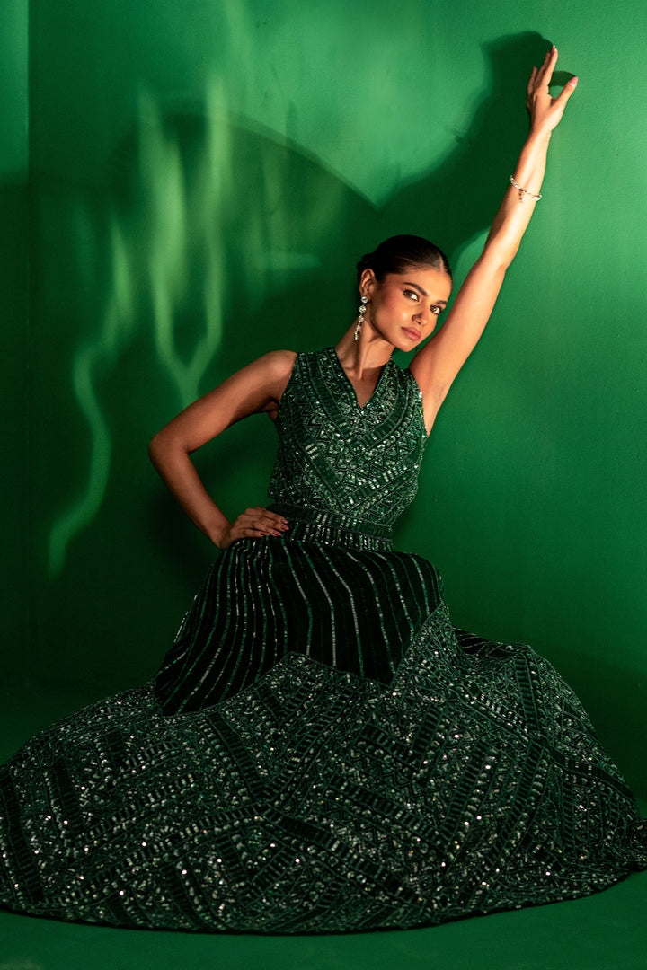 Emerald Enigma Hand-Embroidered Gown