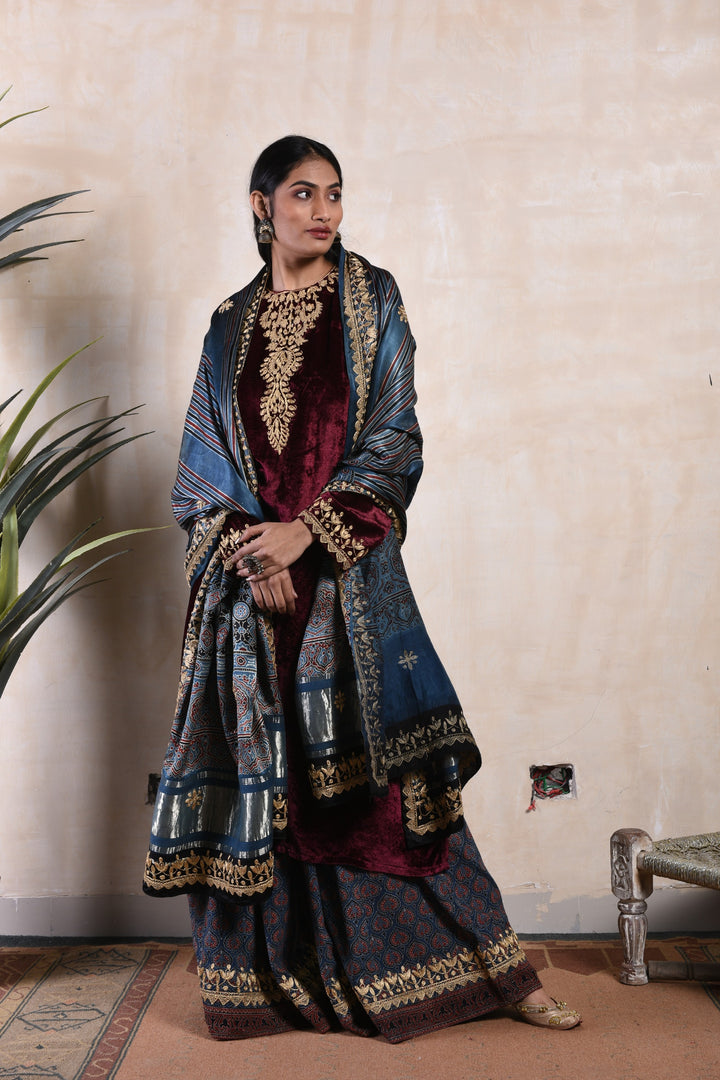 Maroon Velvet Kurta with Ajrakh Printed Sharara & Dupatta