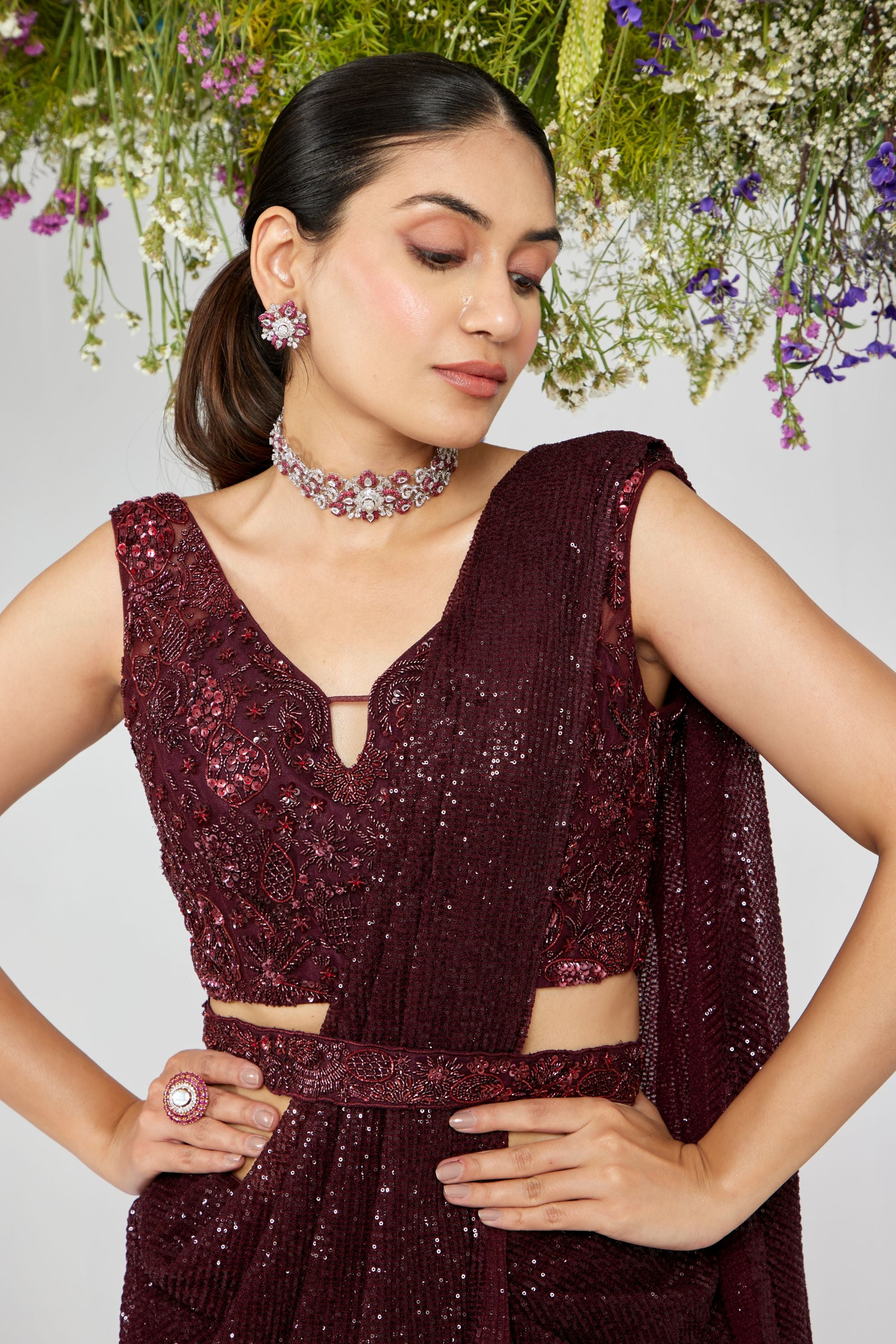 Maroon Sequins Saree with Embroidered Blouse & Belt