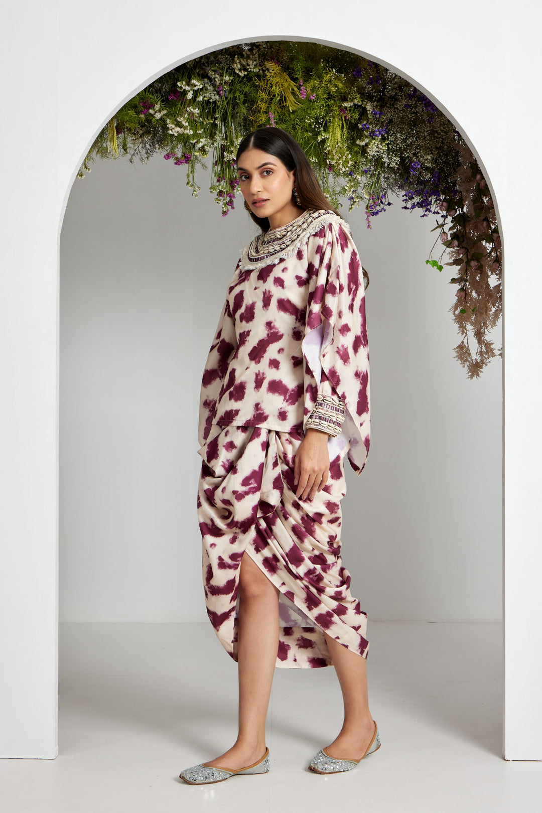 Tie and Dye printed draped dress with cape style sleeves