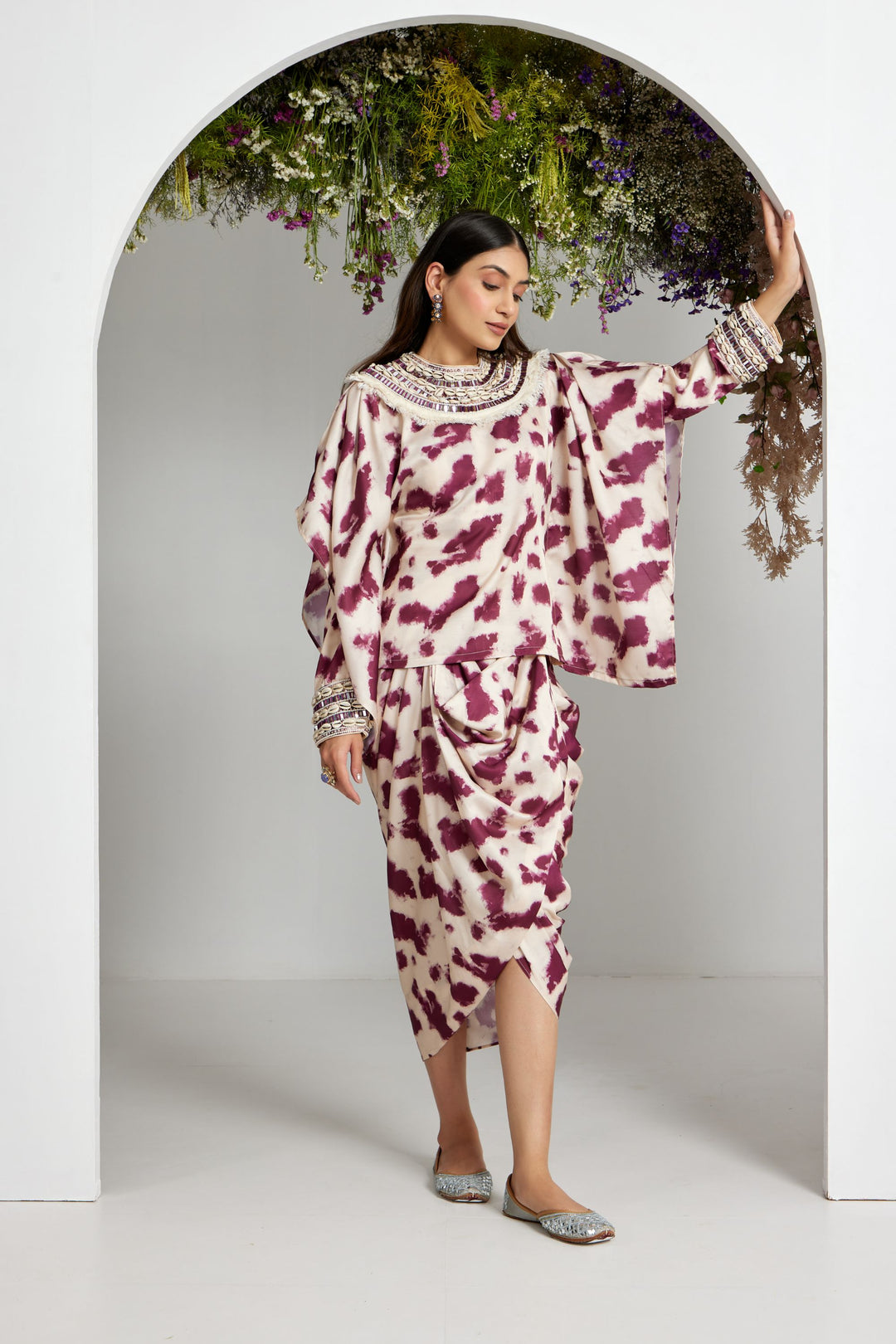 Tie and Dye printed draped dress with cape style sleeves