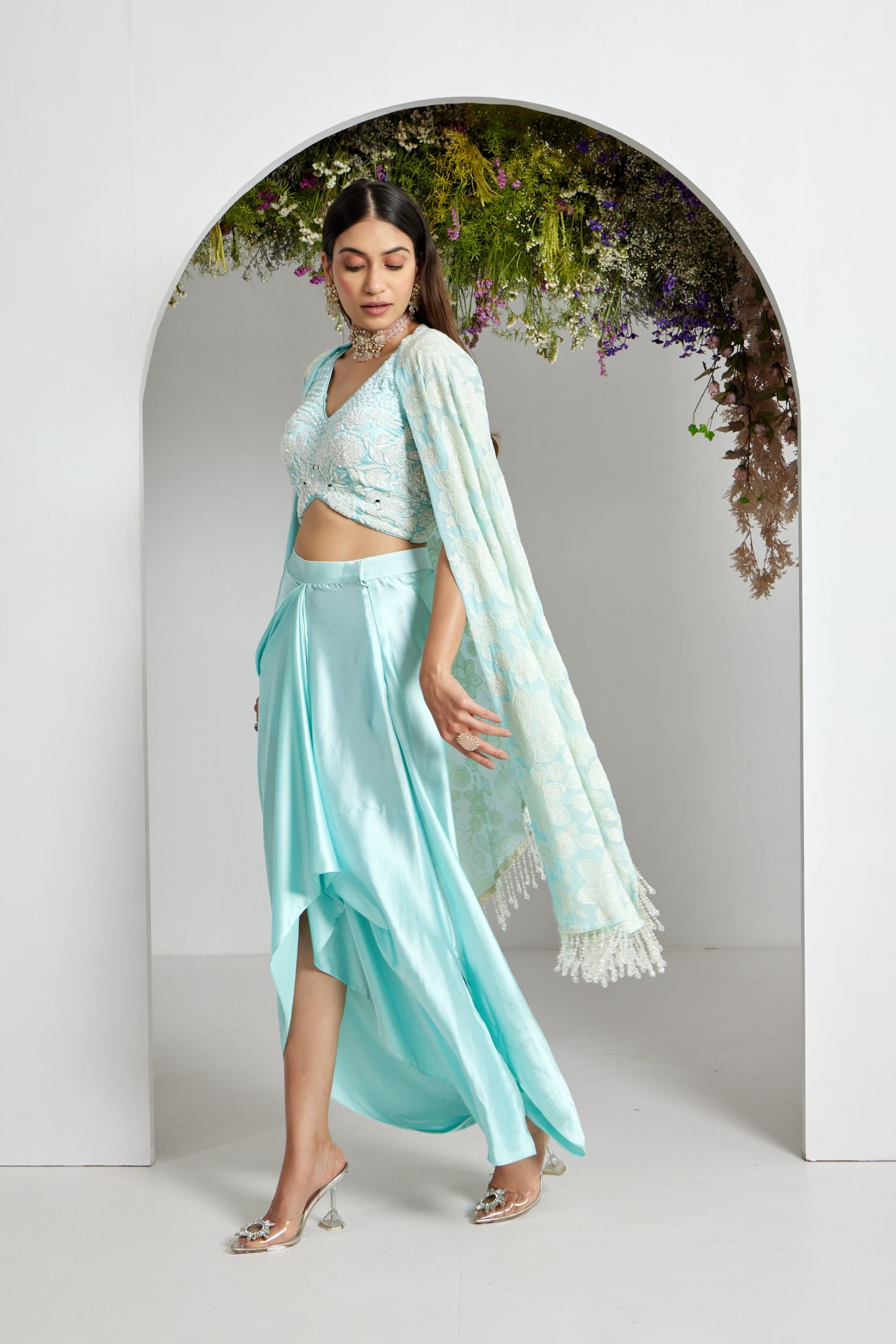 Blue Cape Set with Blouse & A Draped Skirt