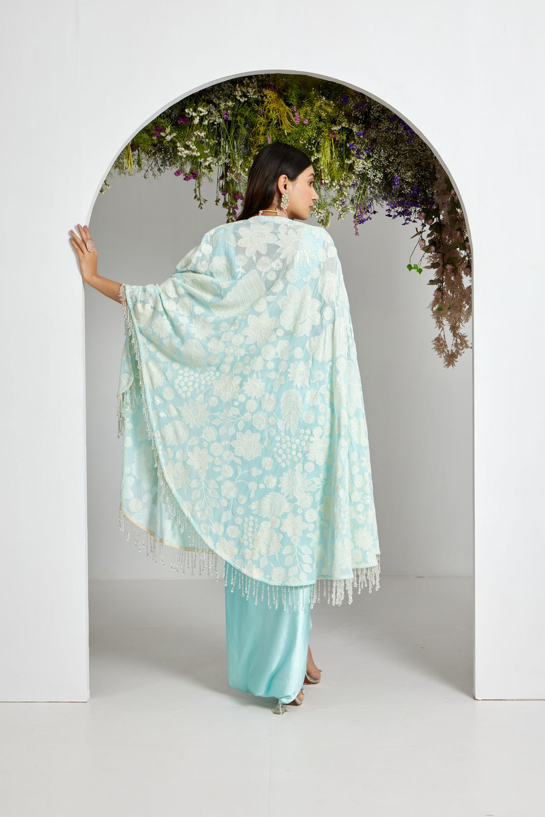 Blue Cape Set with Blouse & A Draped Skirt