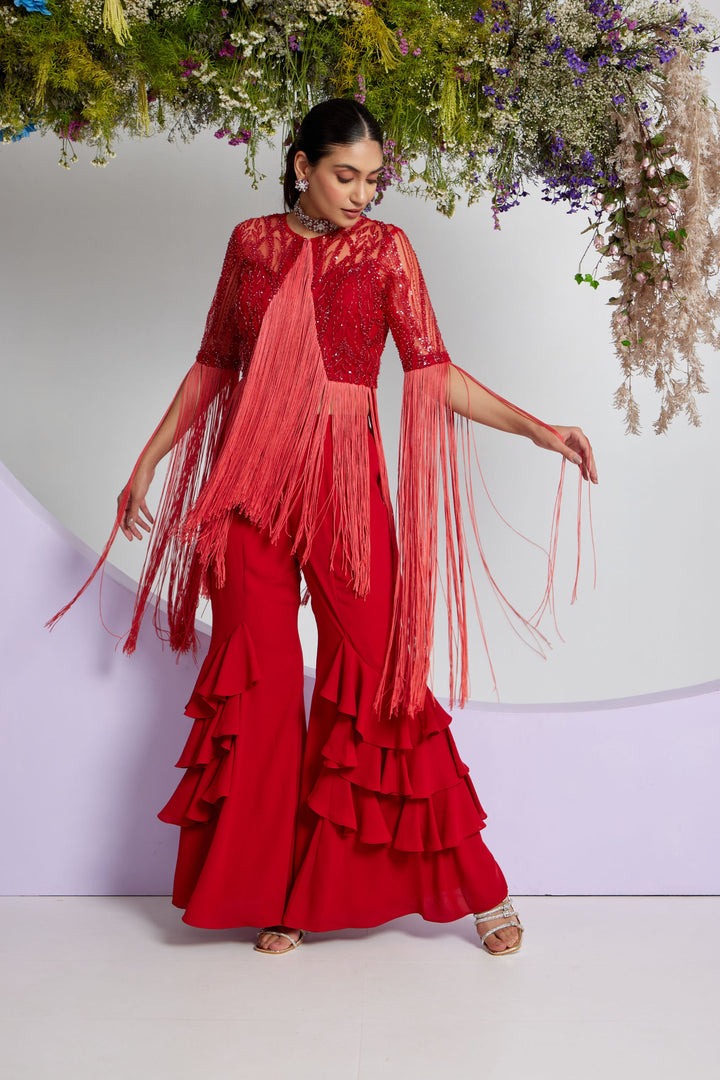 Red Embellished Sharara Set with Ruffled Pants