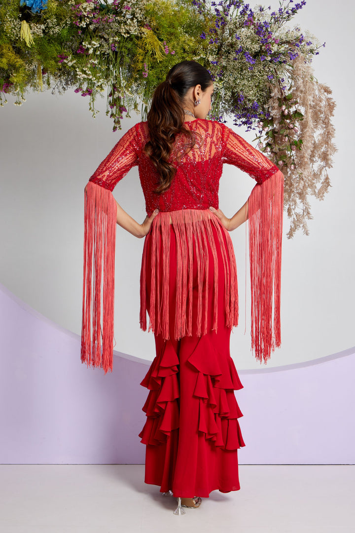 Red Embellished Sharara Set with Ruffled Pants