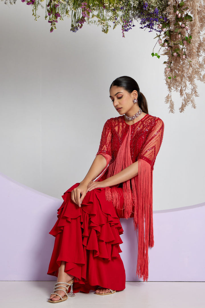 Red Embellished Sharara Set with Ruffled Pants