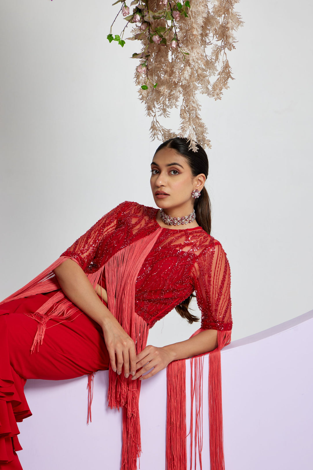 Red Embellished Sharara Set with Ruffled Pants