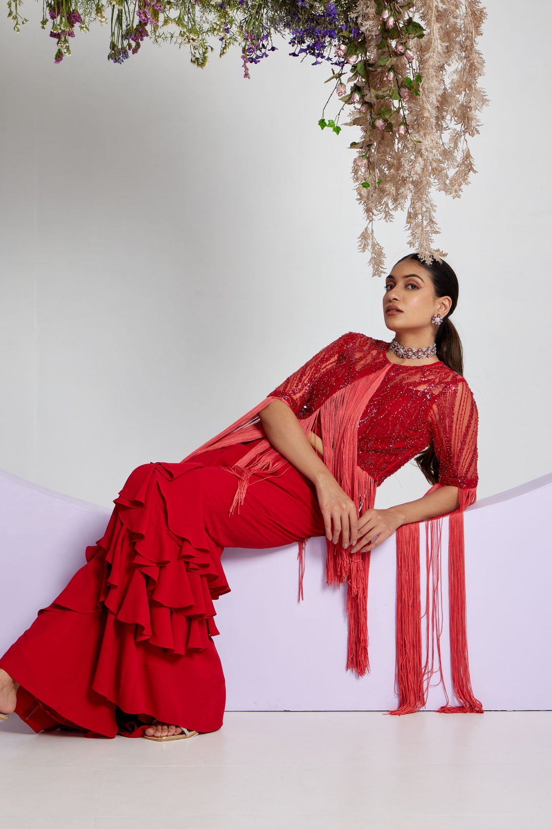 Red Embellished Sharara Set with Ruffled Pants