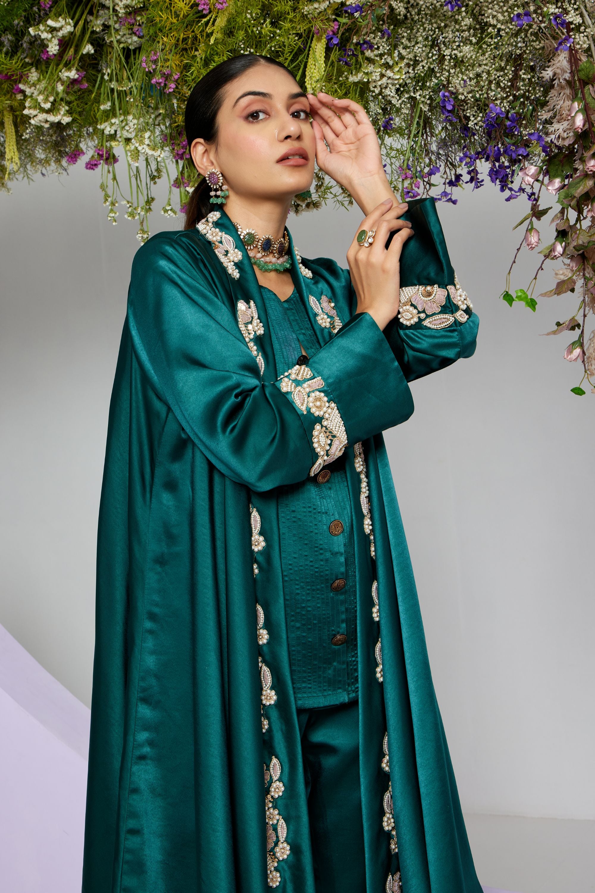 Teal Embroidered Jacket Set with Straight Pants