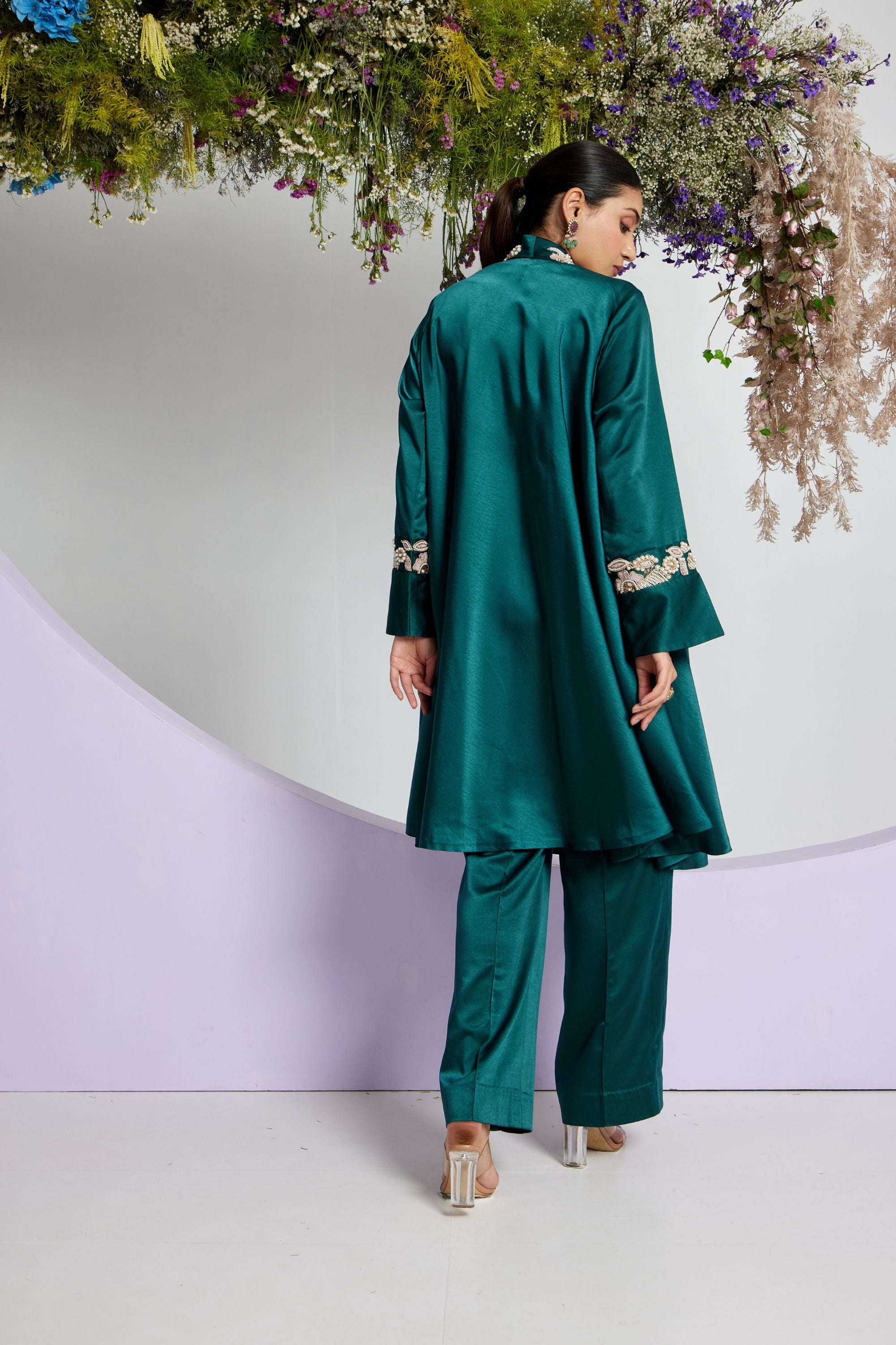Teal Embroidered Jacket Set with Straight Pants