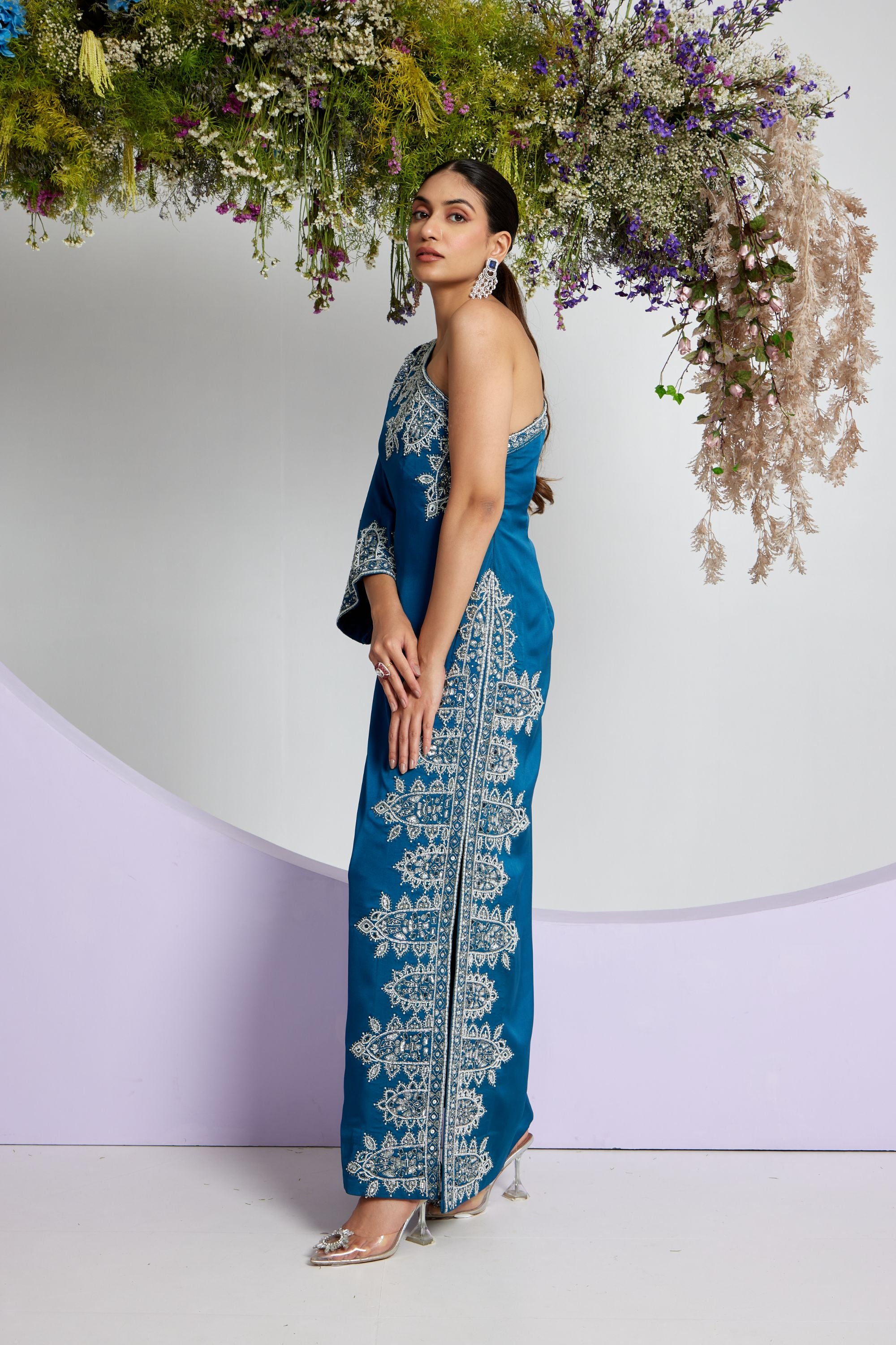 Blue Embroidered Gown with High Side Slit