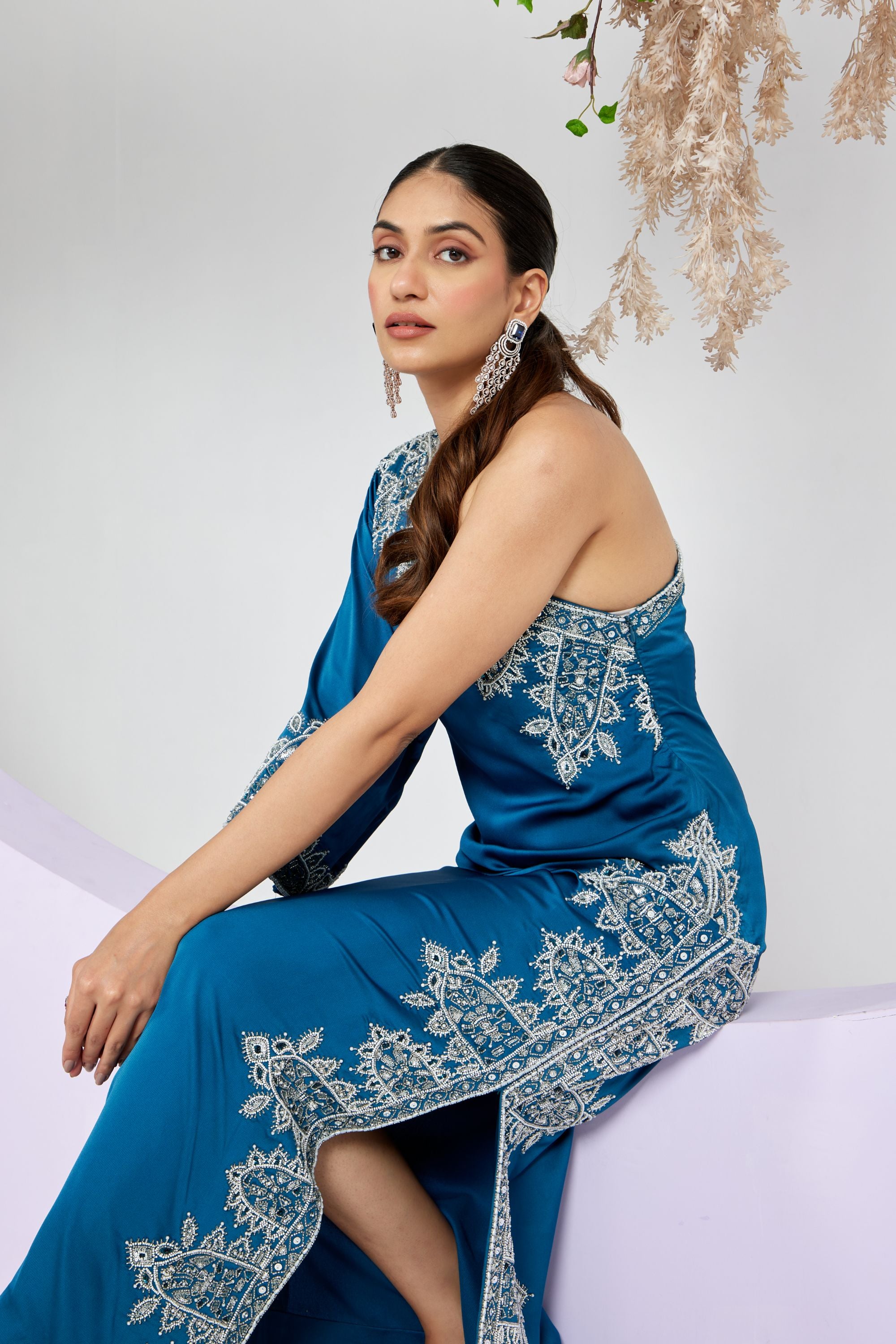 Blue Embroidered Gown with High Side Slit