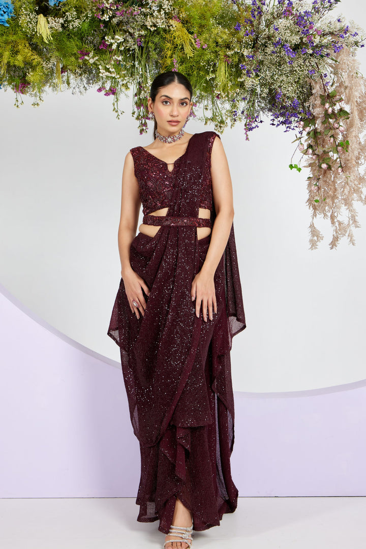 Maroon Fully Embroidered Shimmer Saree