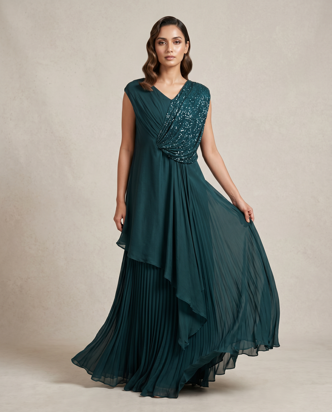 Teal Green Georgette Draped Gown with Sequin Detailing