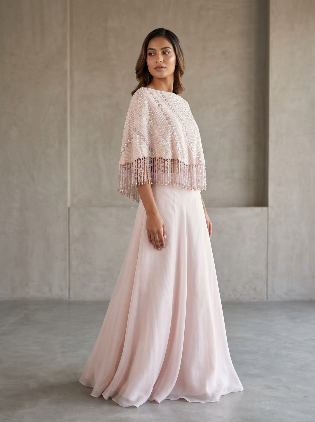 Soft Blush Pink Hand-Embroidered Cape Set with a Bustier & a Lehenga