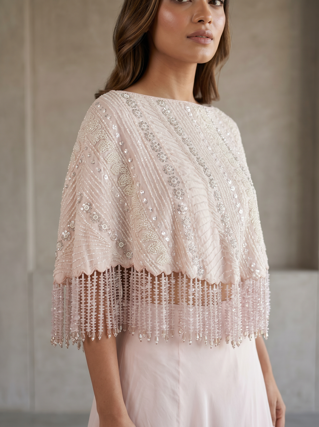 Soft Blush Pink Hand-Embroidered Cape Set with a Bustier & a Lehenga
