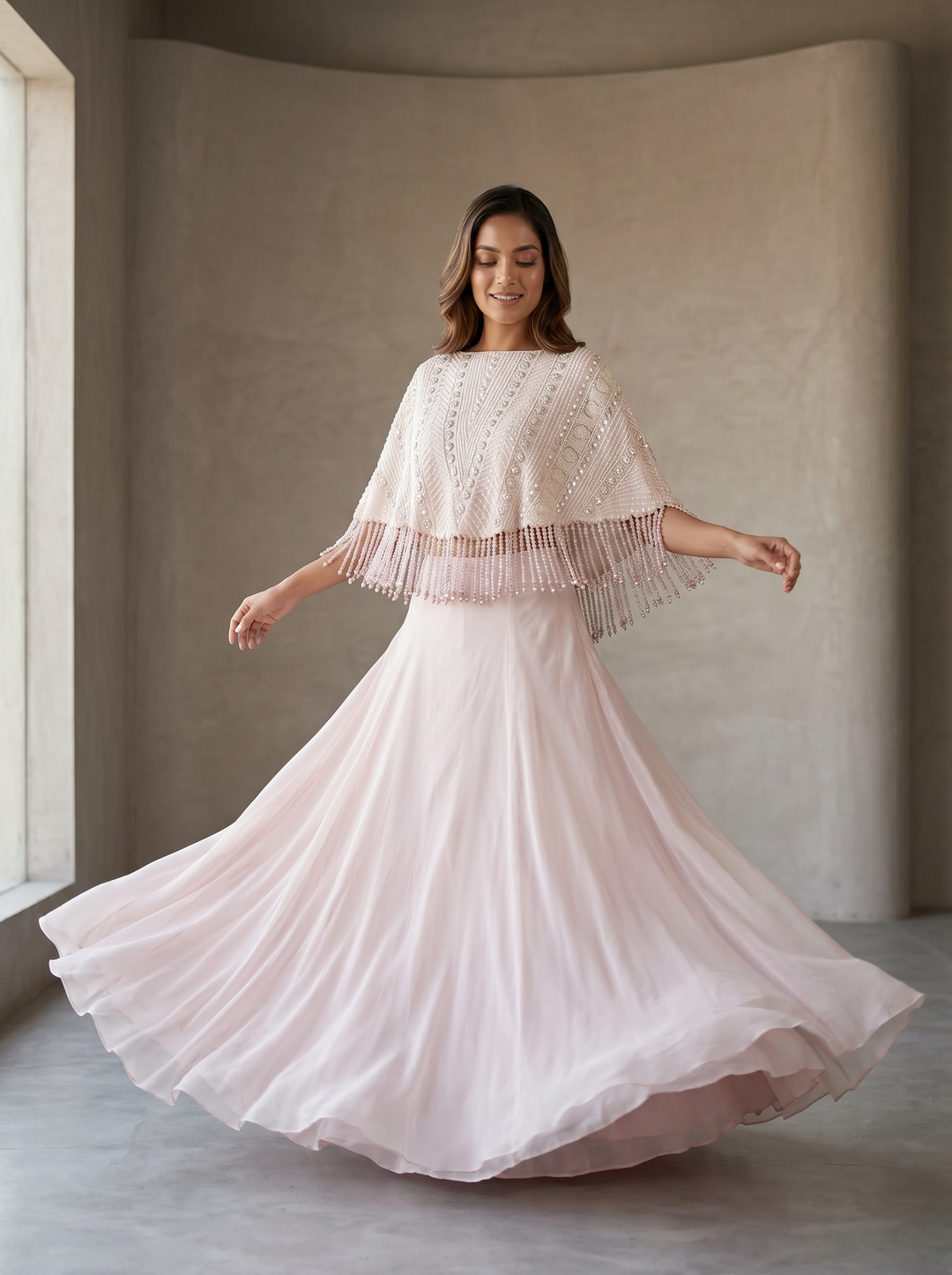 Soft Blush Pink Hand-Embroidered Cape Set with a Bustier & a Lehenga