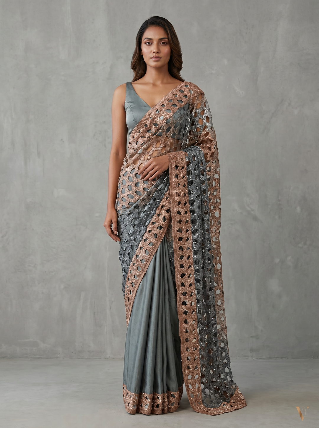 Blue Saree with Gold Cutwork Embellished Border & Pallu