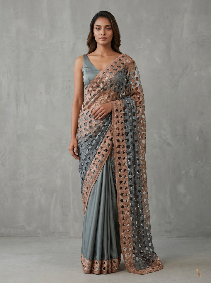 Blue Saree with Gold Cutwork Embellished Border & Pallu