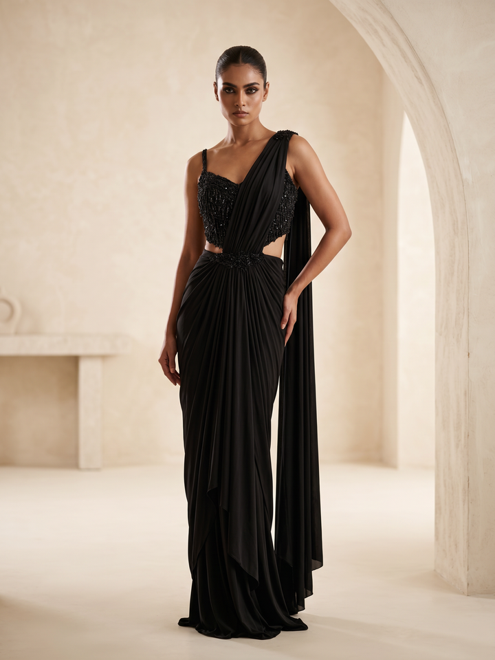 Black Hand Embroidered Pre-Draped Saree Set with Intricate Cutdana Work