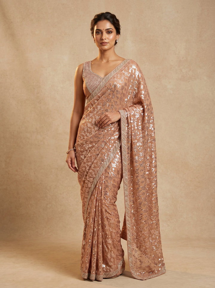 Peach All-Over Sequin Embellished Saree with Sequin Work Blouse (Set of 2)