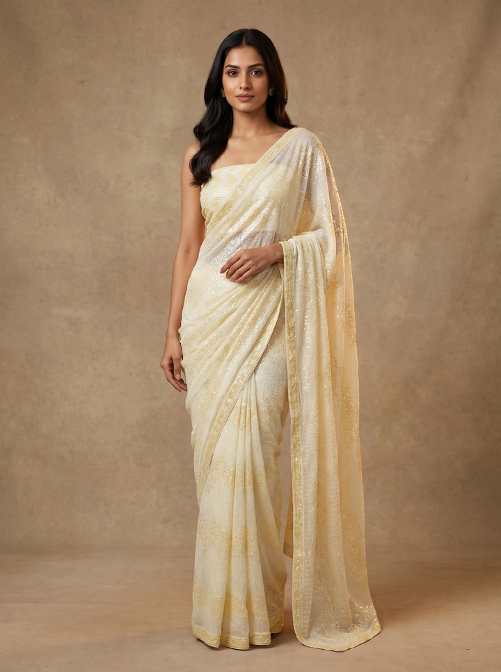 Double Shade Yellow Sequins Saree with Blouse
