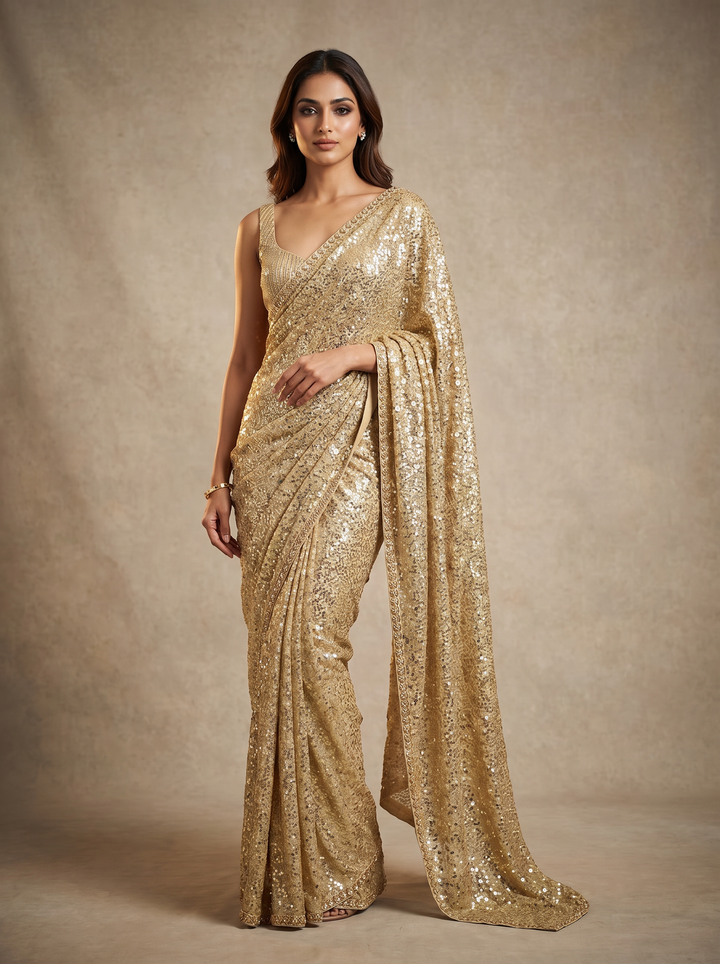 Gold All-Over Sequin Embellished Saree with Unstitched Blouse (Set of 2)