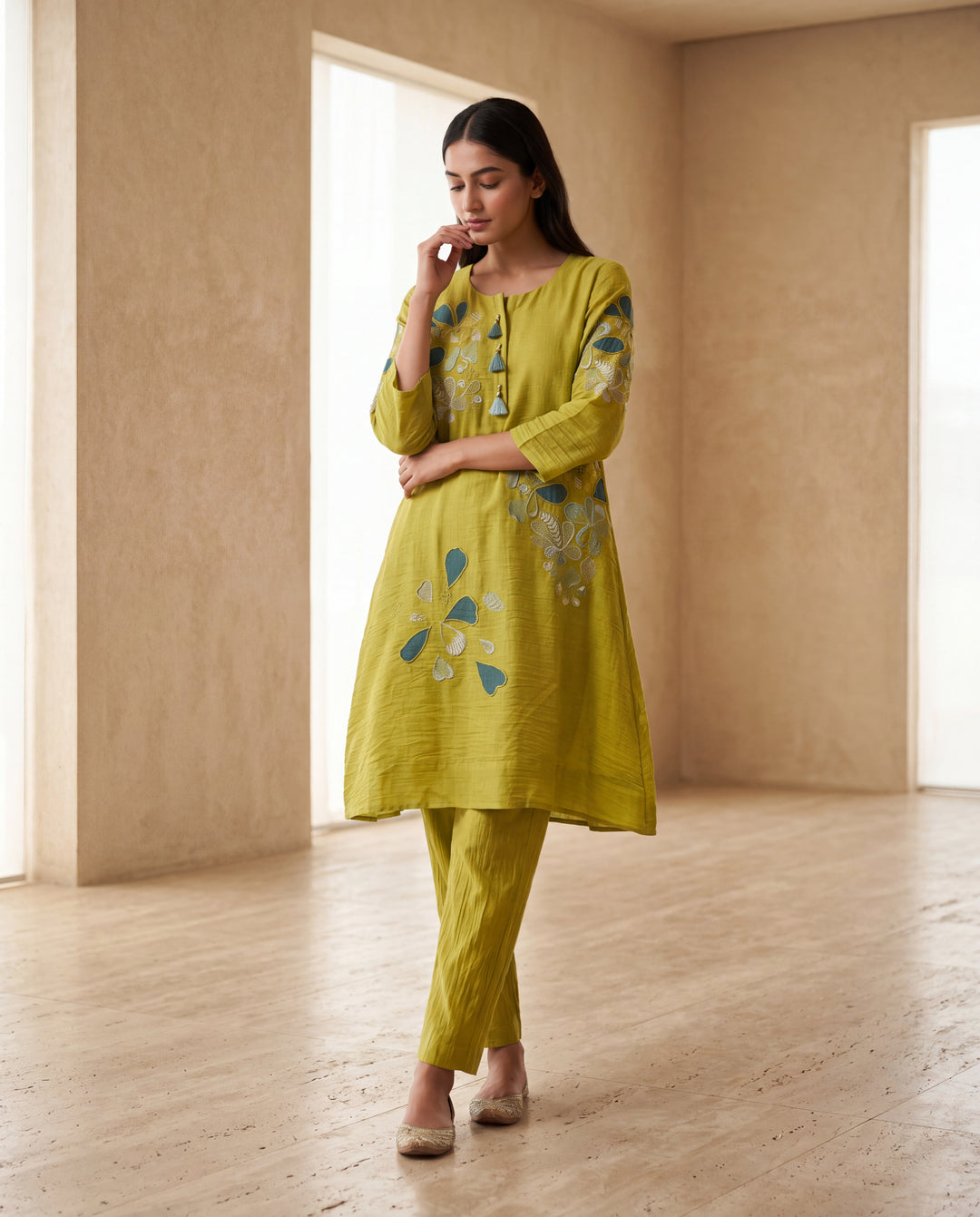 Lime Green Floral Embroidered Co-ord Set