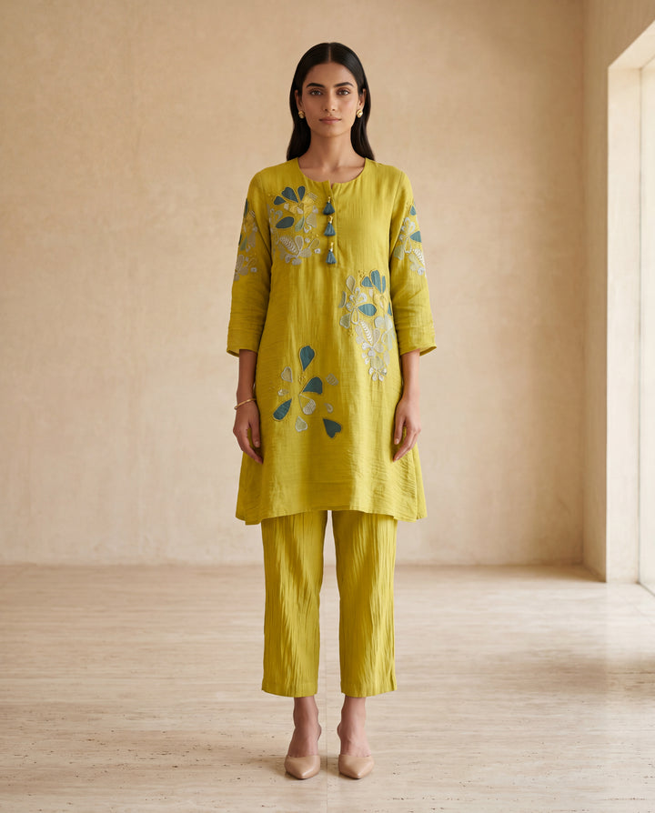 Lime Green Floral Embroidered Co-ord Set