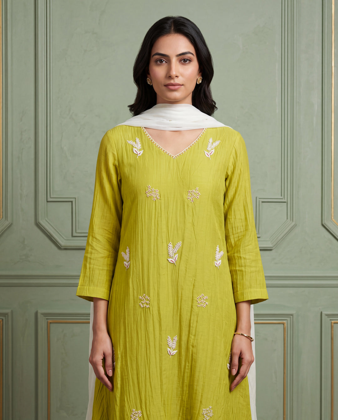 Lime Green Floral Thread Embroidered Kurta Set