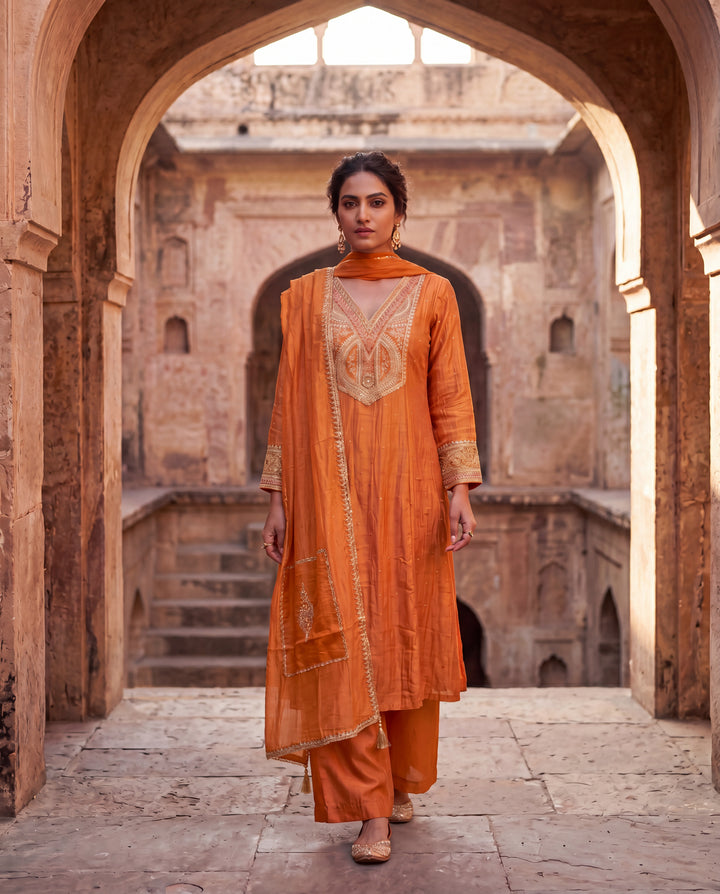Rust Orange Mul Chanderi Embroidered Suit Set