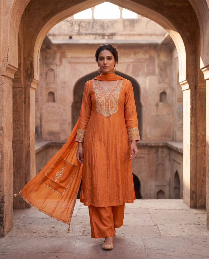 Rust Orange Mul Chanderi Embroidered Suit Set