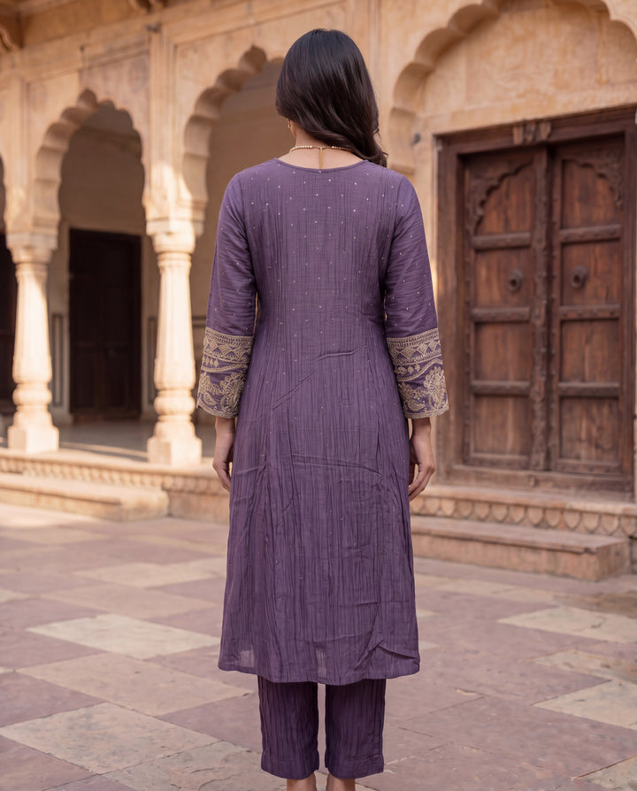 Royal Purple Mul Chanderi Embroidered Suit Set
