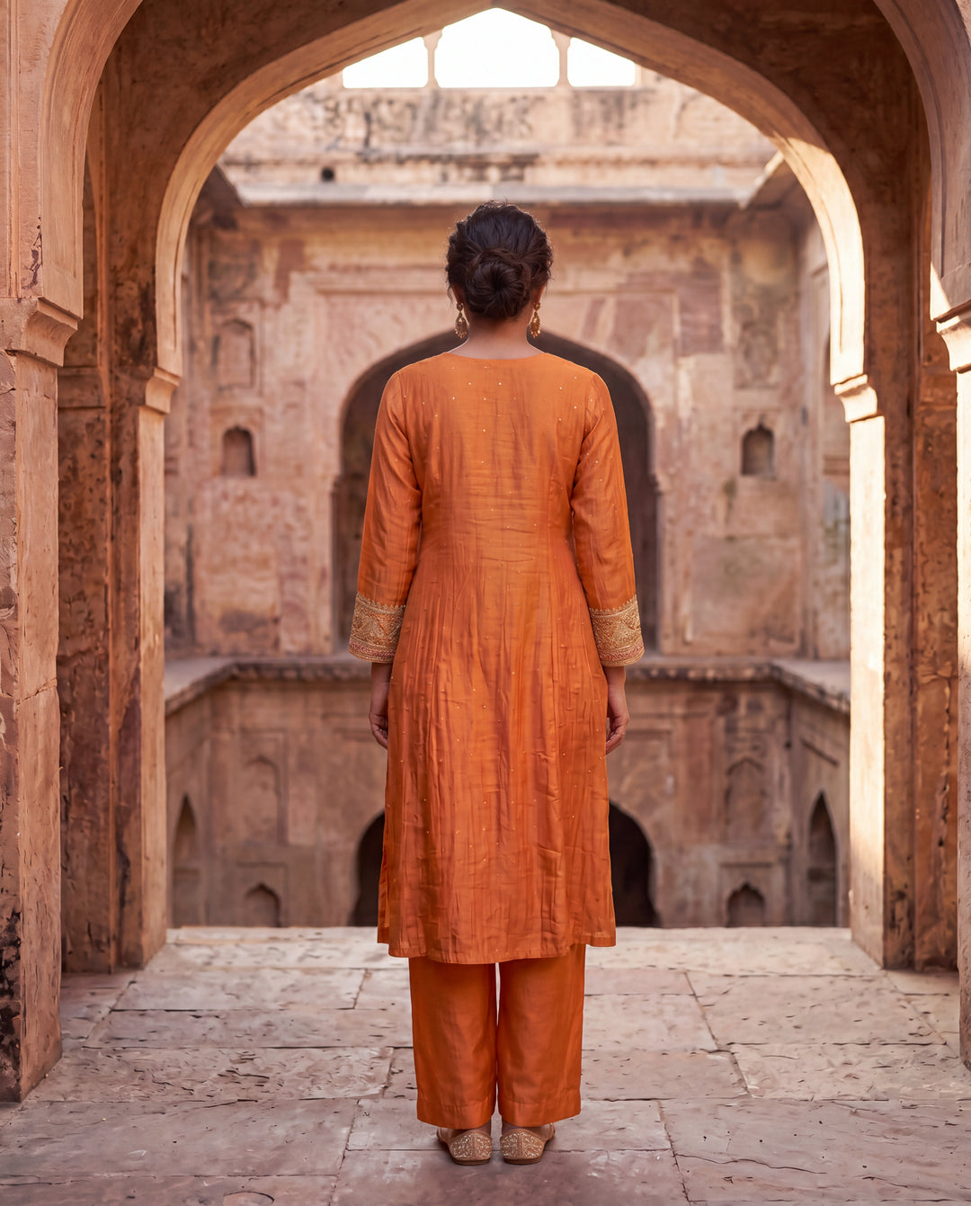 Rust Orange Mul Chanderi Embroidered Suit Set