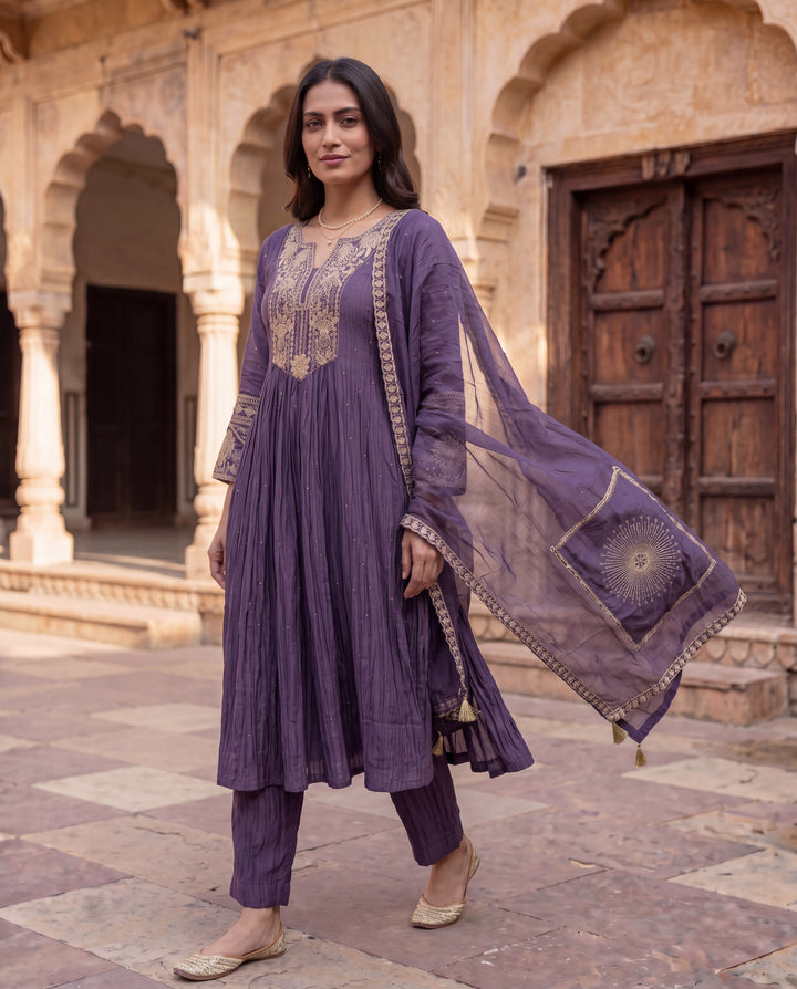 Royal Purple Mul Chanderi Embroidered Suit Set