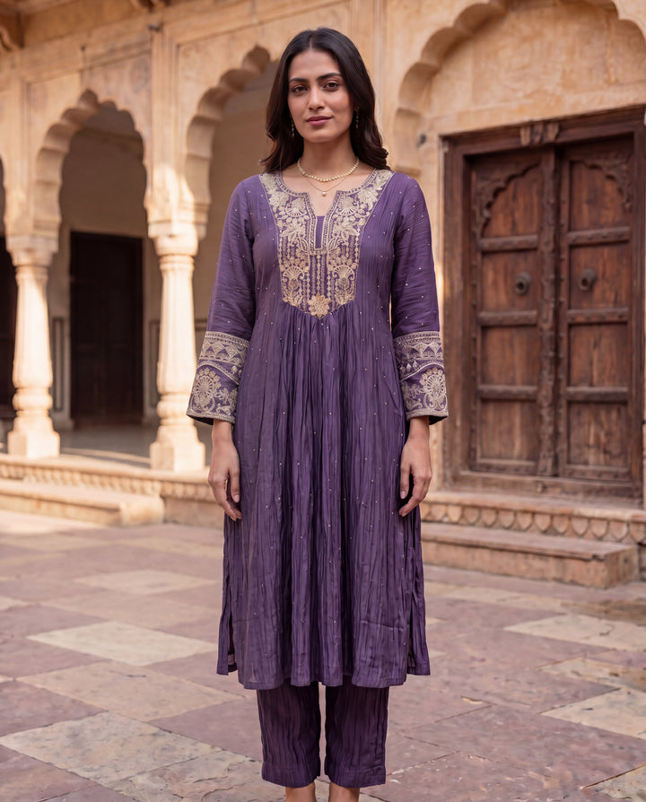 Royal Purple Mul Chanderi Embroidered Suit Set