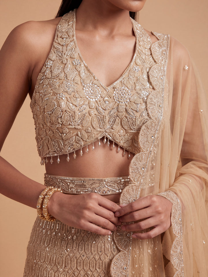 Champagne Gold Hand Embroidered Sequins Cutdana Palazzo Set