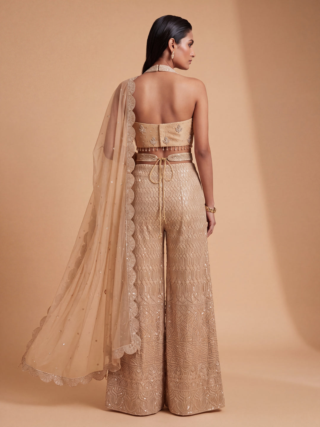 Champagne Gold Hand Embroidered Sequins Cutdana Palazzo Set