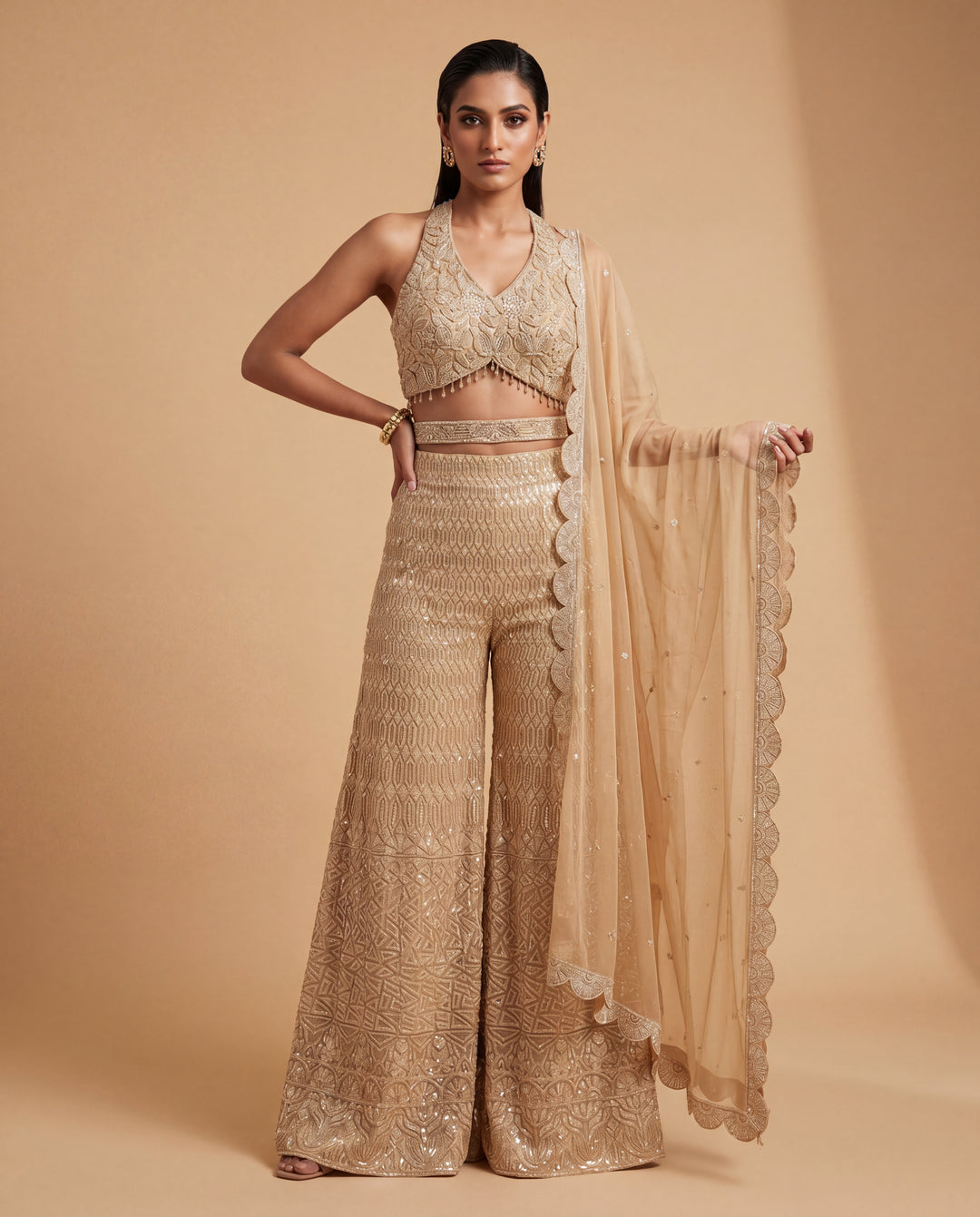 Champagne Gold Hand Embroidered Sequins Cutdana Palazzo Set