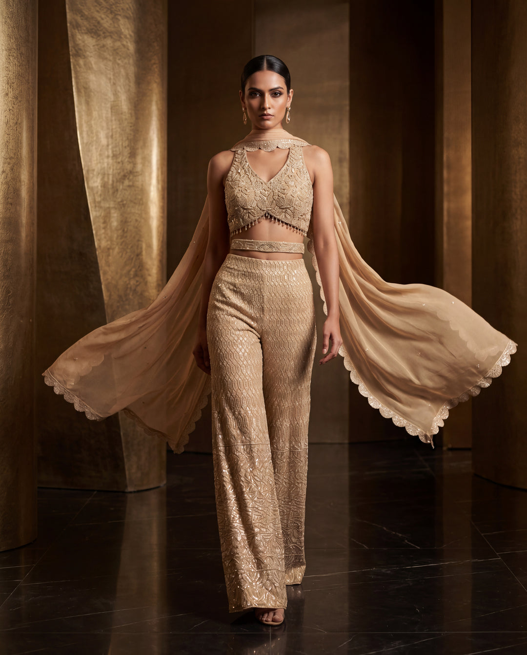 Champagne Gold Hand Embroidered Sequins Cutdana Palazzo Set