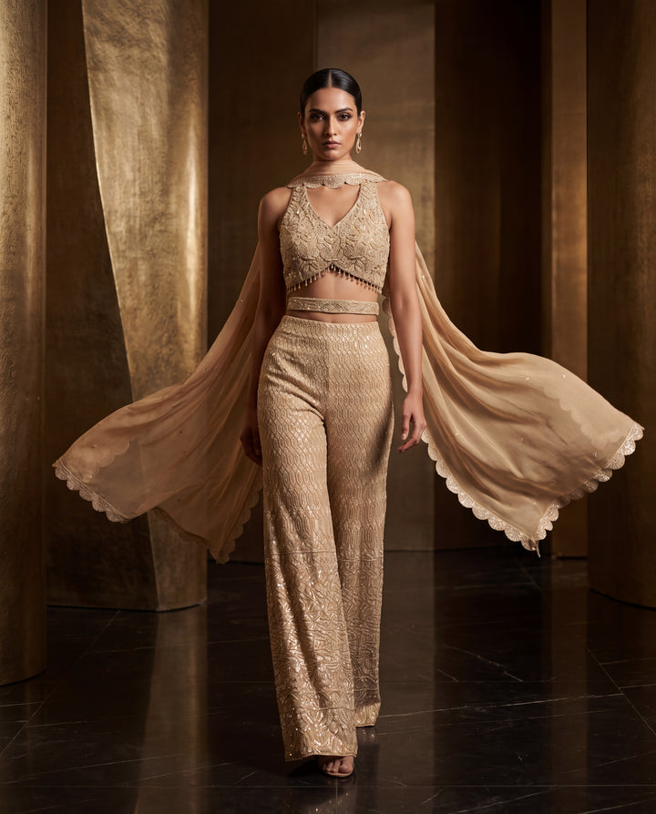 Champagne Gold Hand Embroidered Sequins Cutdana Palazzo Set