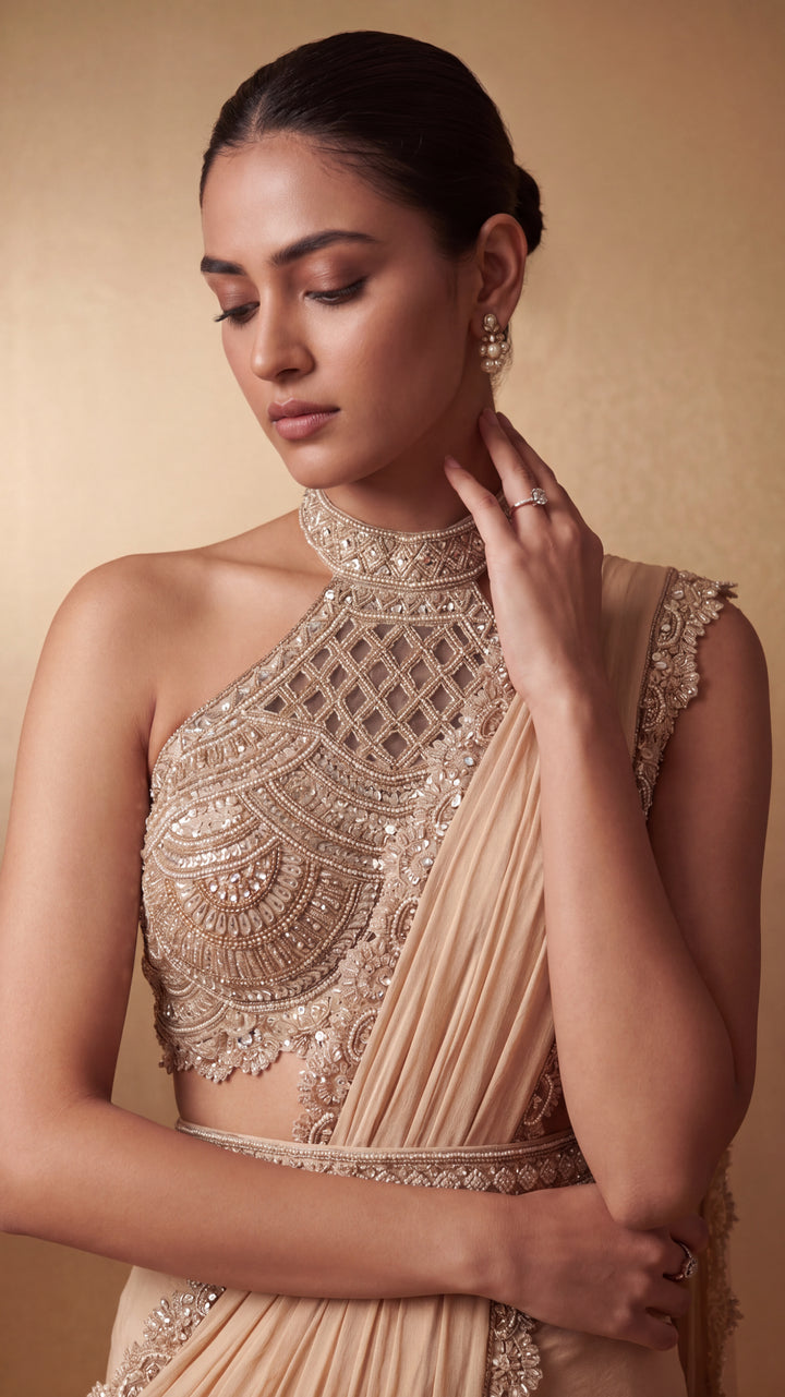 Champagne Hand-Embroidered Pearl and Bead Cutwork Saree Set