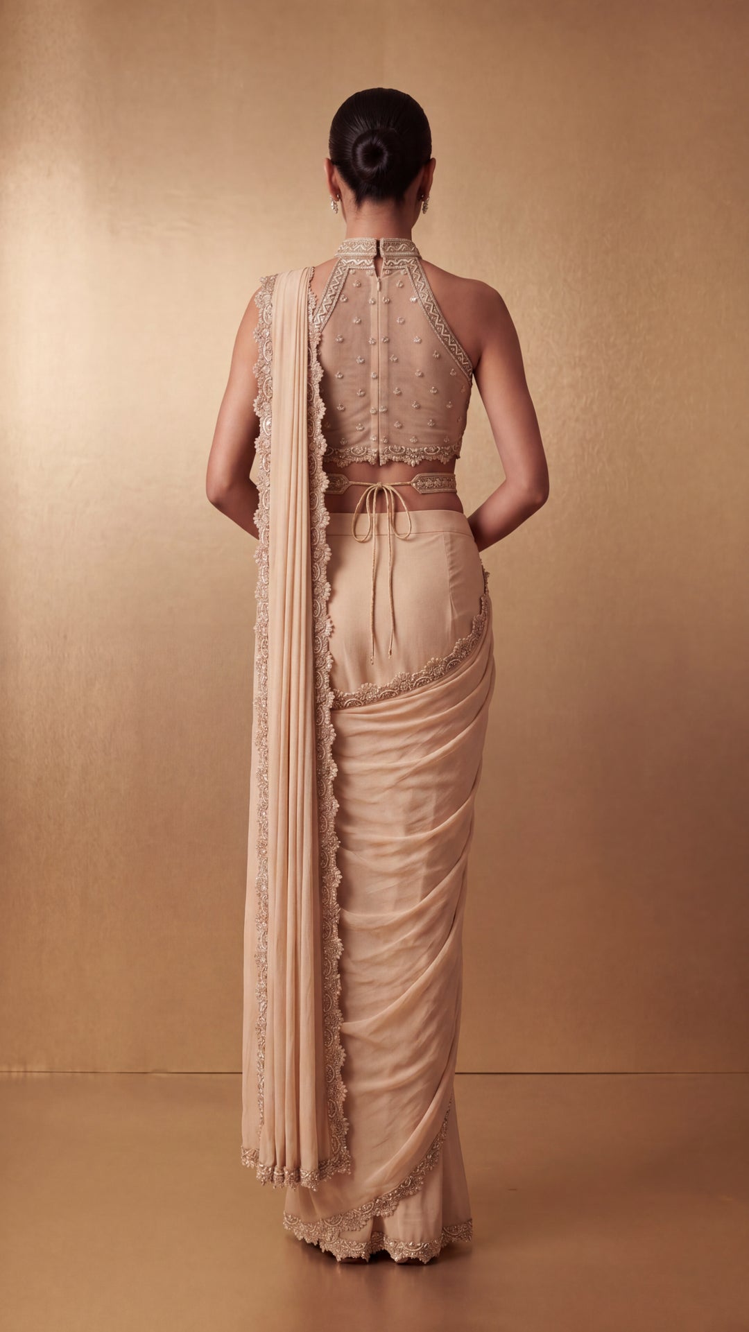 Champagne Hand-Embroidered Pearl and Bead Cutwork Saree Set