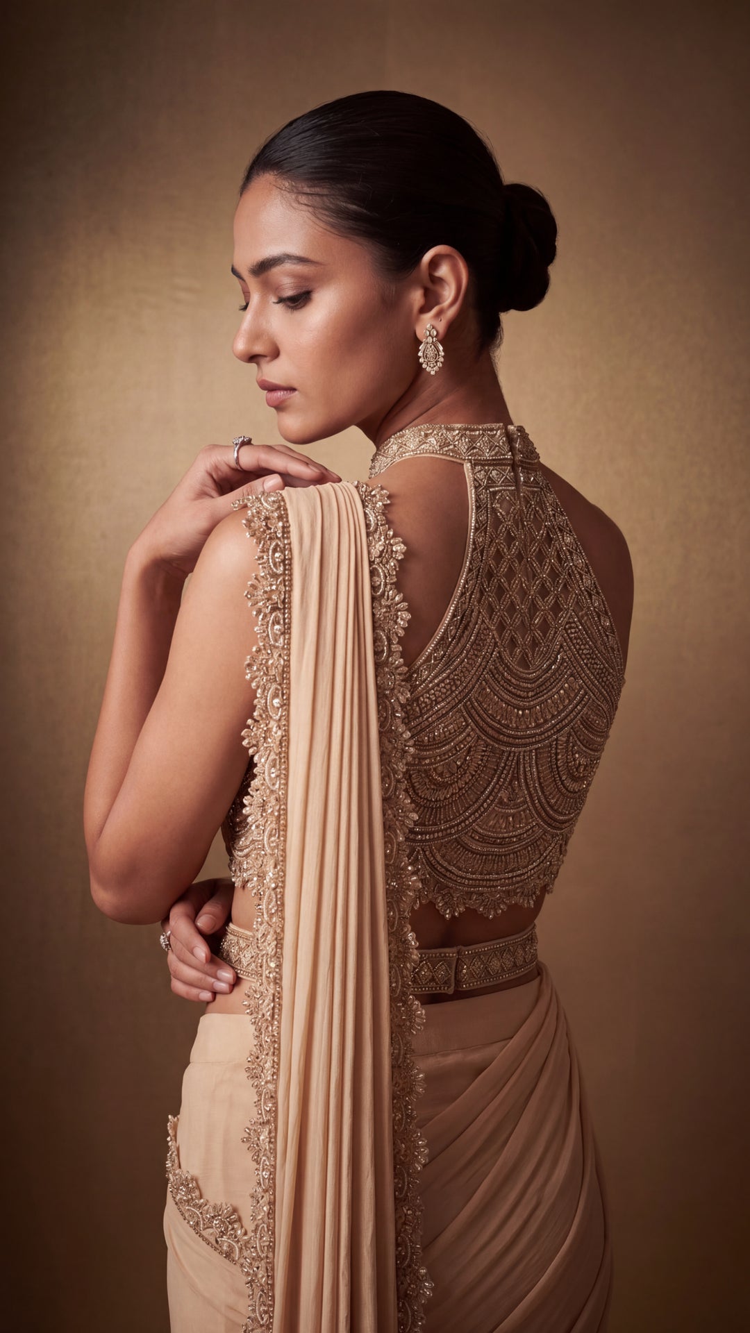 Champagne Hand-Embroidered Pearl and Bead Cutwork Saree Set