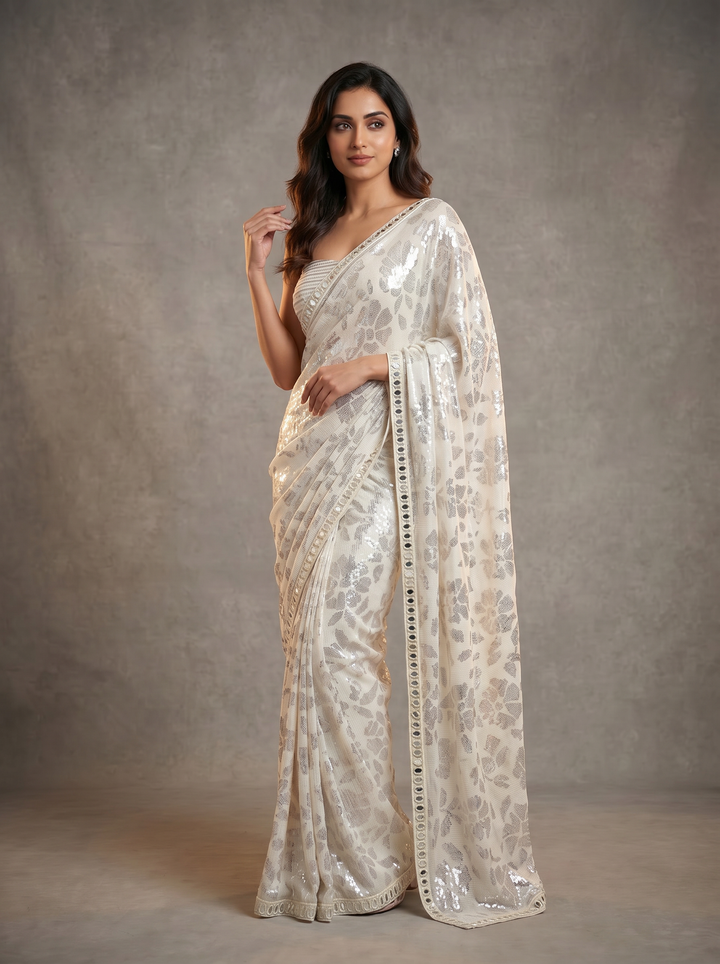 Ivory All-Over Sequin Embellished Saree with Striped Sequin Blouse (Set of 2)