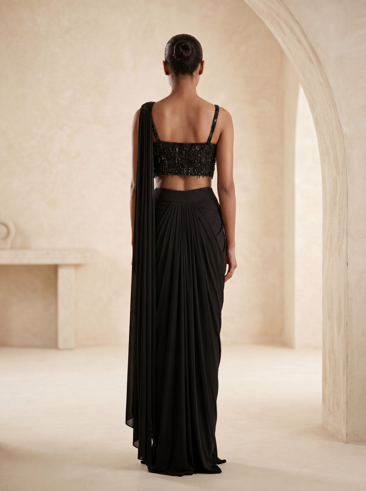 Black Hand Embroidered Pre-Draped Saree Set with Intricate Cutdana Work