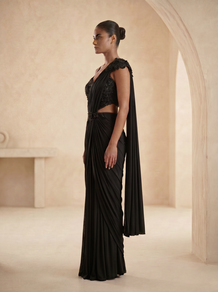 Black Hand Embroidered Pre-Draped Saree Set with Intricate Cutdana Work