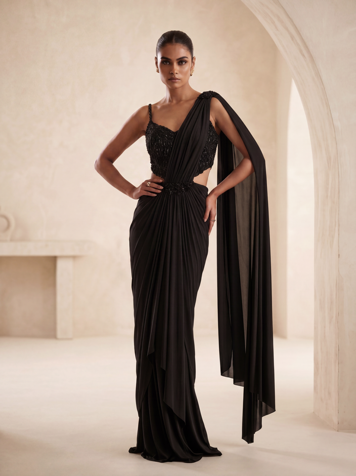 Black Hand Embroidered Pre-Draped Saree Set with Intricate Cutdana Work