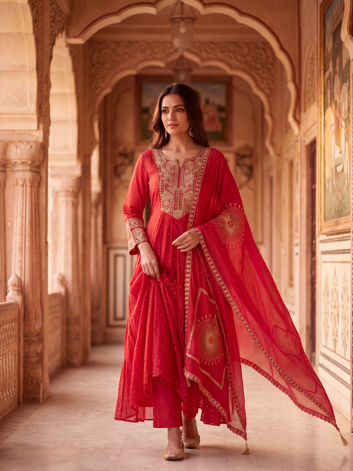 Crimson Red Mul chanderi Embroidered Suit Set