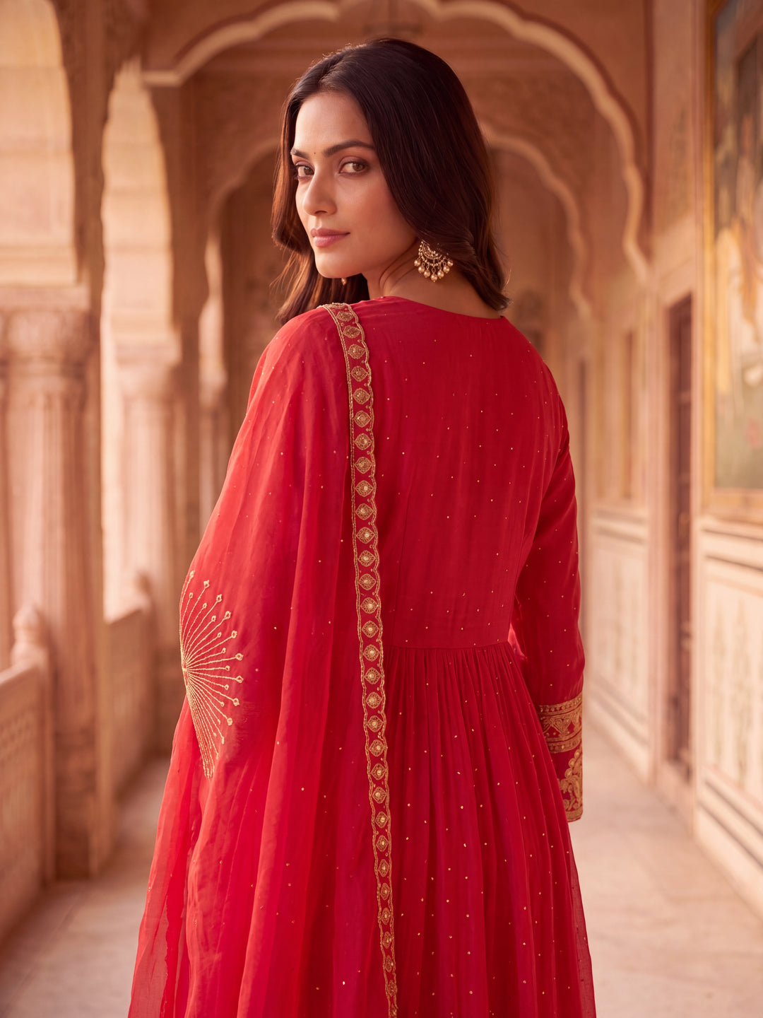 Crimson Red Mul chanderi Embroidered Suit Set